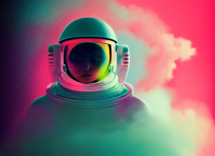 Image similar to ( ( dither ) ), editorial illustration portrait of a young astronaut girl, colorful, modern art deco, mads berg, karolis strautniekas, christopher balaskas, stippled light, fog, moody, fine texture, dramatic lighting, dynamic composition, detailed, matte print, dynamic perspective, muted color