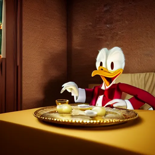 Image similar to A beautiful hyper realistic ultra detailed lifelike cinematic still of Scrooge McDuck, unreal engine, deviantart, flickr, artstation, octane render, textured, colorful, extreme realistic detail, physically based rendering, pbr render, very detailed, volumetric lighting, detailed lighting, octane render, 4k, cinematic lighting, 8k resolution