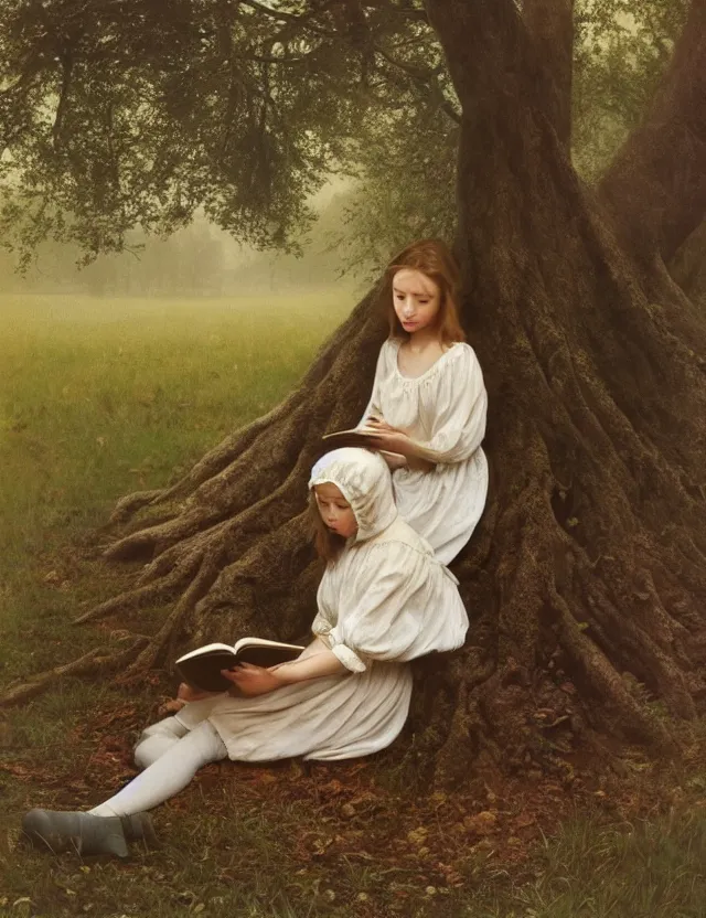 Image similar to peasant Girl in white reading a book sitting on a tree in a foggy forest, Cinematic focus, Polaroid photo, vintage, neutral colors, soft lights, by Steve Hanks, by Serov Valentin, by lisa yuskavage, by Andrei Tarkovsky 8k render, detailed, oil on canvas