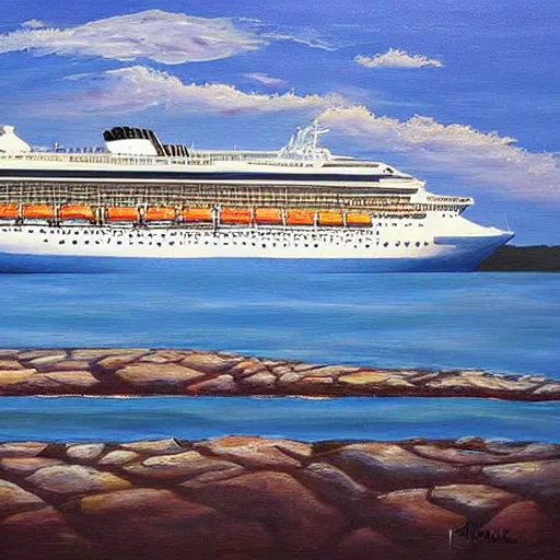 Image similar to an awesome painting with cruise ship by peter klasen