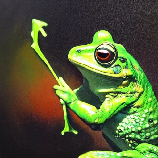 Prompt: Alex Jones painting a picture of a frog. Realistic, cinematic.