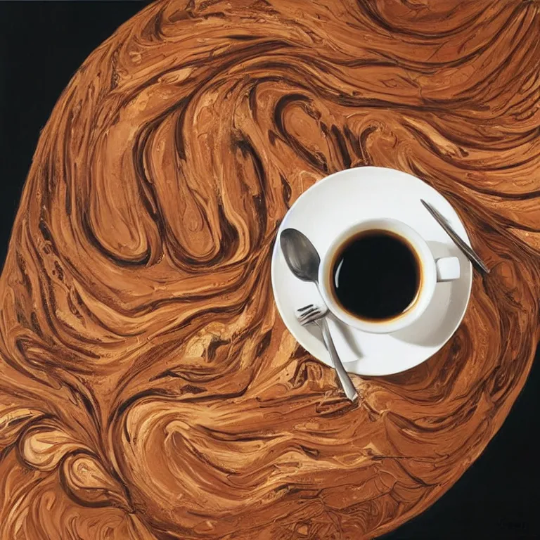 Image similar to a cup of coffee with fractal cream swirls on a wooden table, a hyperrealistic painting by sam spratt, trending on cgsociety, fantasy art, chalk art, hyper realism, hyper - realistic