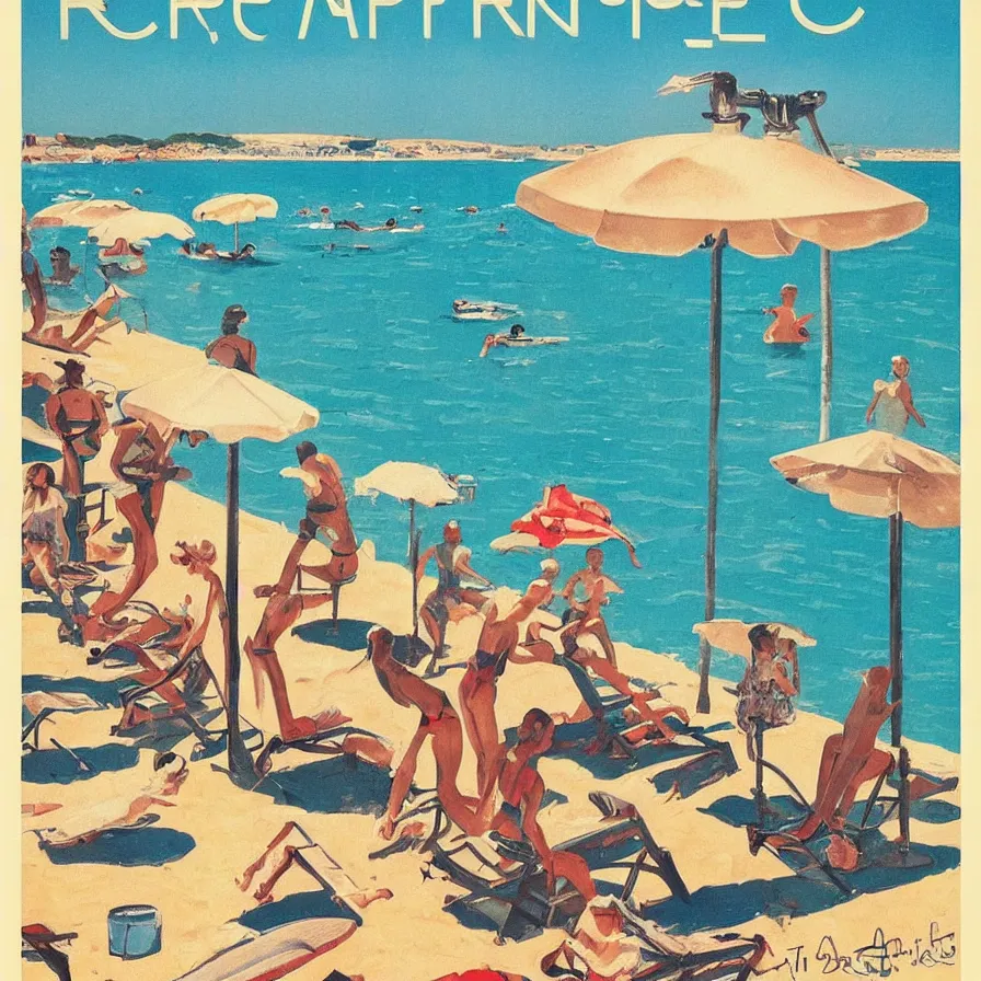 Image similar to “a vintage French tourism poster of robots sunbathing on a beach next to the ocean in st Tropez ”