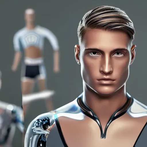 Image similar to a realistic detailed photo of a guy who is an attractive humanoid who is half robot and half humanoid, who is a male android, attractive and handsome soccer players, shiny skin, posing like a statue, blank stare, in a factory, on display, showing off his muscles, wearing soccer shorts, side view, looking at each other mindlessly