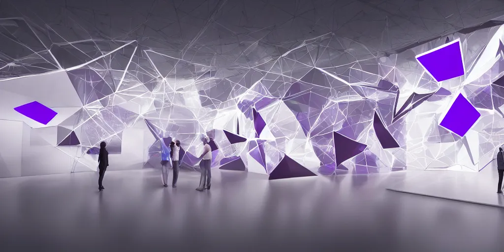 Image similar to Exhibiton with guests and digital terminals from an artificial intelligence with several geometric shapes with white and purple contours. Realistic Concept Art photography