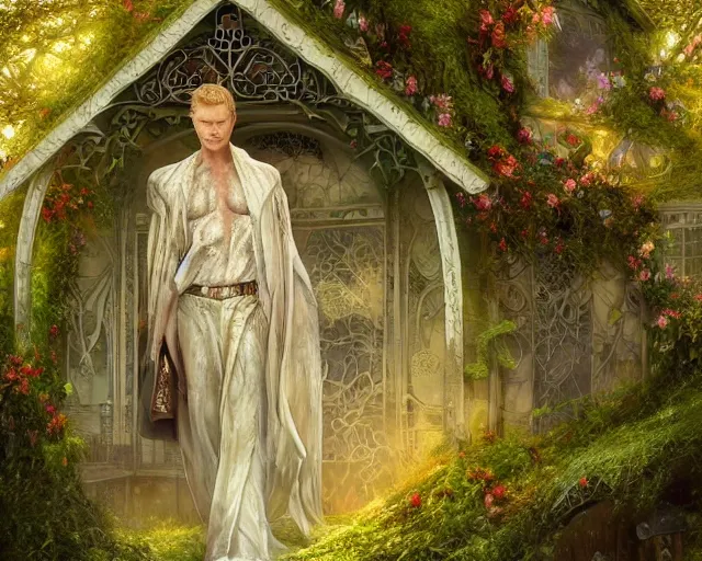 Image similar to paul bettany as angel with wings is covered in vines and flowers and moss and standing in front of a beautiful cottage, a digital painting by thomas canty and thomas kincade and ross tran, art nouveau, atmospheric lighting, trending on artstation