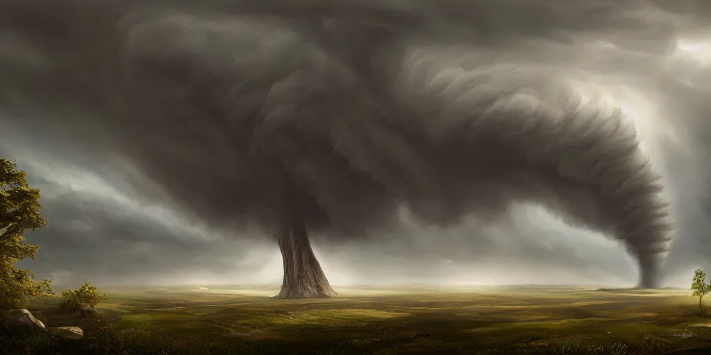 Image similar to A tornado in a beautiful scenic landscape, nature, trees, wide angle, super highly detailed, professional digital painting, artstation, concept art, smooth, sharp focus, no blur, no dof, extreme illustration, Unreal Engine 5, Photorealism, HD quality, 8k resolution, cinema 4d, 3D, beautiful, cinematic, art by artgerm and greg rutkowski and alphonse mucha and loish and WLOP