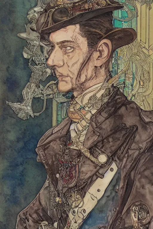 Image similar to zoomed out portrait of a german duke, stylized illustration by yoshitaka amano and moebius, watercolor gouache detailed paintings, mucha vibe, dieselpunk, solarpunk, artstation