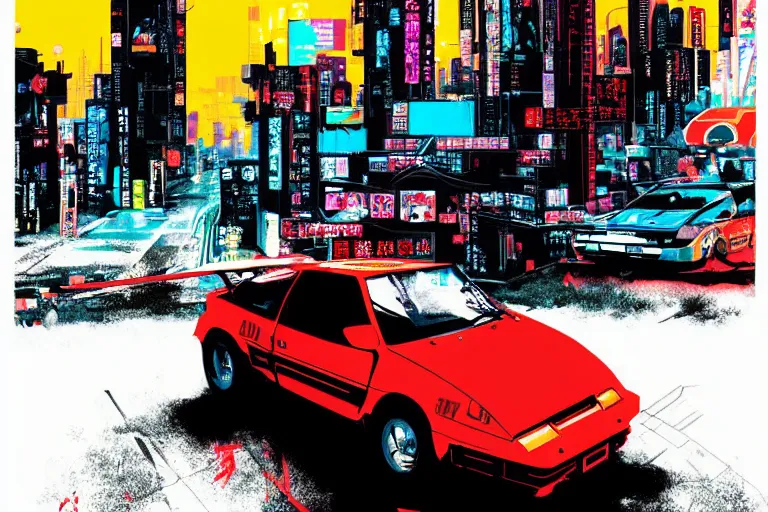 Image similar to Poster Illustration of Geo Metro, neo-Tokyo, Akira Color Palette, Inspired by Akira + MGS2 + FLCL, 8k :4 by Vincent Di Fate + Arc System works + Katsuhiro Otomo 2002 peugeot 206 xs, city in anime cyberpunk style by Hayao Miyazaki