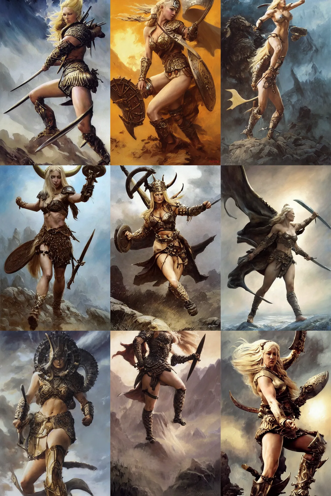 Prompt: An oil painting of a beautiful blonde viking woman running into battle, ancient armor, aesthetic, by Frank Frazetta, Greg Rutkowski, Boris Vallejo, Neal Hanson, Christian MacNevin, epic fantasy character art, goddess of war, goddess of anger, high fantasy, full length, exquisite detail, post-processing, low angle, masterpiece, cinematic, colossal dragon in background