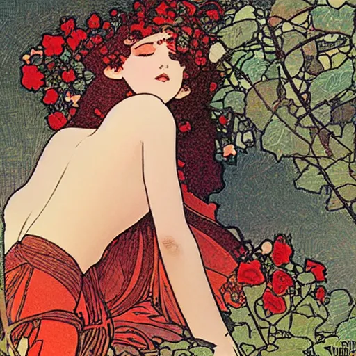 Prompt: A girl lying on a bush, hopeful ,rose .red and orange theme by mucha and murata range