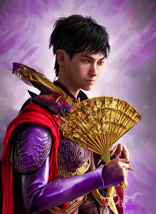 Image similar to An epic fantasy comic book style portrait painting of young man with straight indigo hair, purple eyes with red eye markers, slim body, wearing a detailed Japanese kimono with golden armor pieces, holding a japanese fan. Unreal 5, DAZ, hyperrealistic, octane render, cosplay, RPG portrait, dynamic lighting