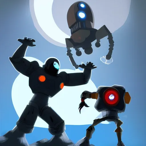 Prompt: epic battle between the iron giant and bob marley, digital art, game art, character design, trending on artstation