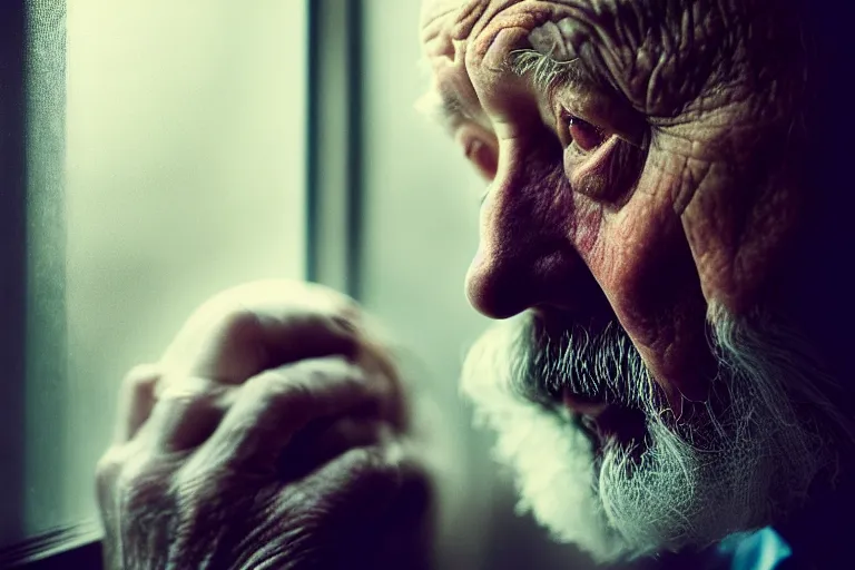 Prompt: a cinematic, headshot portrait, of an old man, looking in the window, fantasy, dramatic, soft light, dreamy, facial features, detailed, deep focus, movie still, dramatic lighting, ray tracing, by hendrik kerstens and paolo roversi