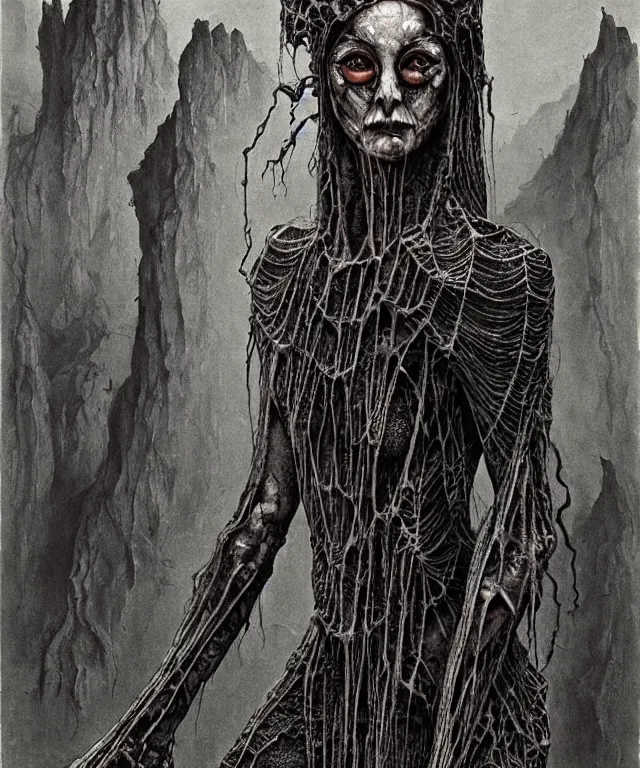 Prompt: a detailed creepy woman with many spider joints stands among the hills. wearing a ripped mantle, robe. perfect faces, extremely high details, realistic, fantasy art, solo, masterpiece, art by hermann nitsch, zdzislaw beksinski, dariusz zawadzki, giger, dragan bibin, ed binkley