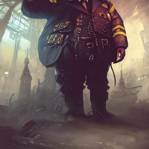 Image similar to steampunk cyberpunk fat soviet policeman, fog, darkness, evil, magic the gathering artwork, D&D, fantasy, cinematic lighting, centered, symmetrical, highly detailed, digital painting, artstation, concept art, smooth, sharp focus, illustration, volumetric lighting, epic Composition, 8k, art by Akihiko Yoshida and Greg Rutkowski and Craig Mullins, oil painting, cgsociety