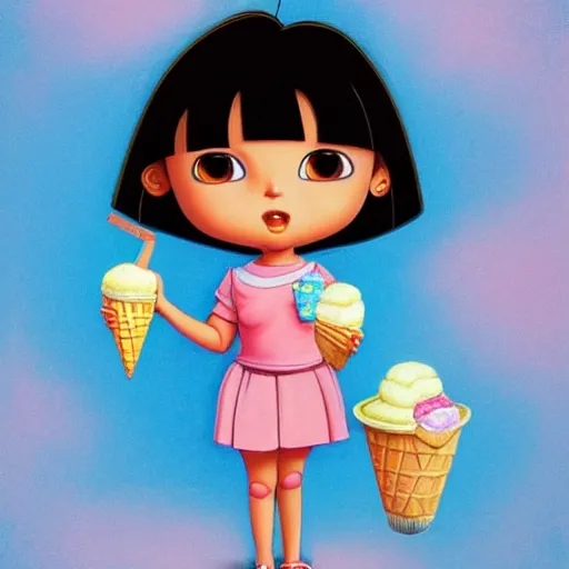 Prompt: dora the explorer as real girl holding ice cream, detailed, intricate complex background, Pop Surrealism lowbrow art style, muted pastel colors, soft lighting, by Mark Ryden and mucha, artstation cgsociety