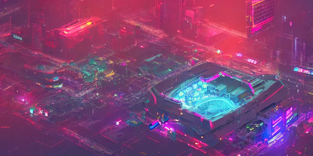 Image similar to Cyberpunk coloseum, birds eye view, rgb lights, futuristic, scifi, advanced technology, neon, high quality, trending on artstation, high detail, by Gabriel Björk Stiernström