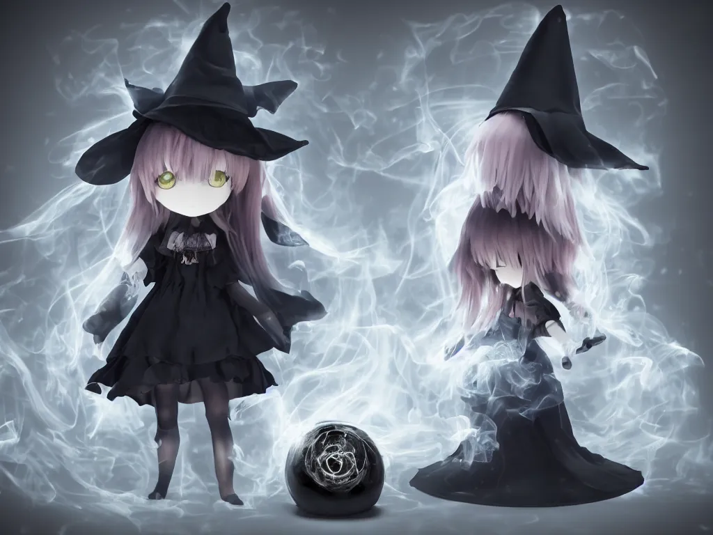 Prompt: cute fumo plush girl gazing into a crystal ball swirling with strange energy, casting a powerful spell, black and white eldritch gothic horror, smoke and volumetric fog, witch girl, soothsayer, lens flare glow, chibi anime, vray