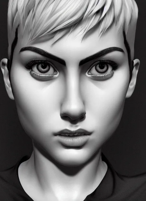 Image similar to up close portrait of a beautiful woman in black and white, photorealistic, pixie cut, intricate hair, upper body, art by diego fazio and diegoKoi and oscar Ukono, concept art, sharp focus, artgerm, 8k highly detailed