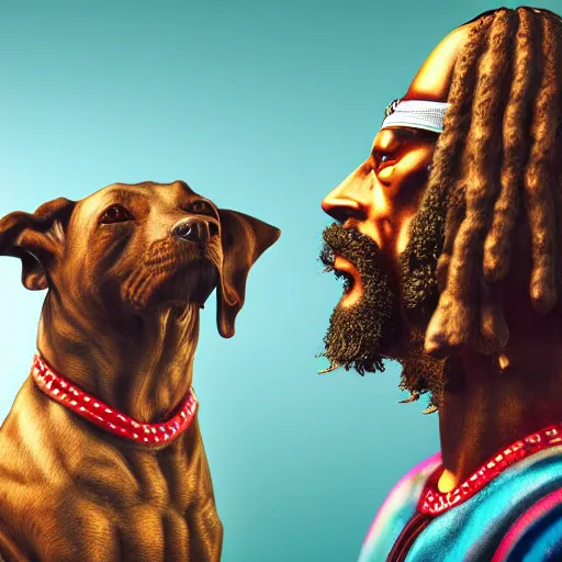 Prompt: ultra mega super hyper realistic Full lenght view contemporary art photography of highly detailed cybertronic Jesus with highly detailed face smoking weed with Snoop Dogg a highly detailed dog . Photo on Leica Q2 Camera lens angle 200mm, Rendered in VRAY and DaVinci Resolve and MAXWELL and LUMION 3D, Volumetric natural light