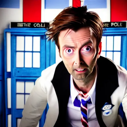 Prompt: closeup promotional image of an David Tennant as Doctor Who at a polka dance-off contest at the YMCA basketball gym, around the gym everyone is cheering, in the background the Tardis door is wide open to the interior, frenetic, quirky, movie still, promotional image, imax, 4K