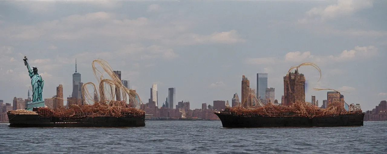 Prompt: a ship transporting spaghetti in new york's hudson river, the statute of liberty in the background, canon 8 0 mm, photography, film, kodachrome