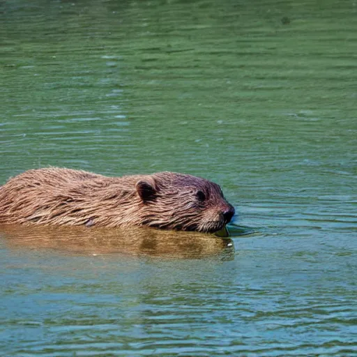 Prompt: beaver on a fun plastic floatie in a lake.