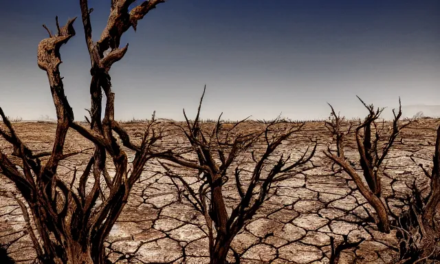 Image similar to medium shot of a nondescript crying ancient dried up Danu, peaceful, facing the camera and standing in front of a dried up river in a desolate land, dead trees, blue sky, hot and sunny, highly-detailed, elegant, dramatic lighting, artstation, 4k, cinematic landscape, photograph by Elisabeth Gadd