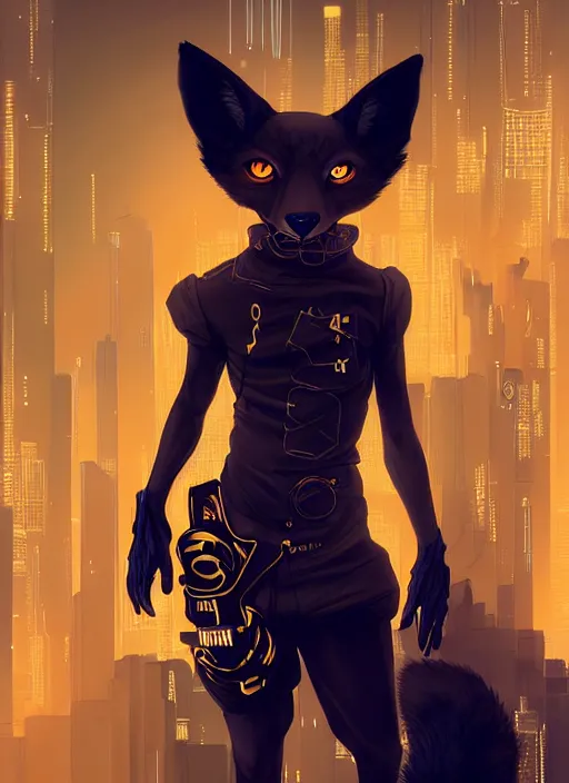 Image similar to award winning beautiful portrait commission of a male furry anthro melanated fox fursona with a tail and a cute beautiful attractive detailed furry face wearing stylish black and gold cyberpunk clothes in a cyberpunk city at night while it rains. Character design by charlie bowater, ross tran, artgerm, and makoto shinkai, detailed, inked, western comic book art