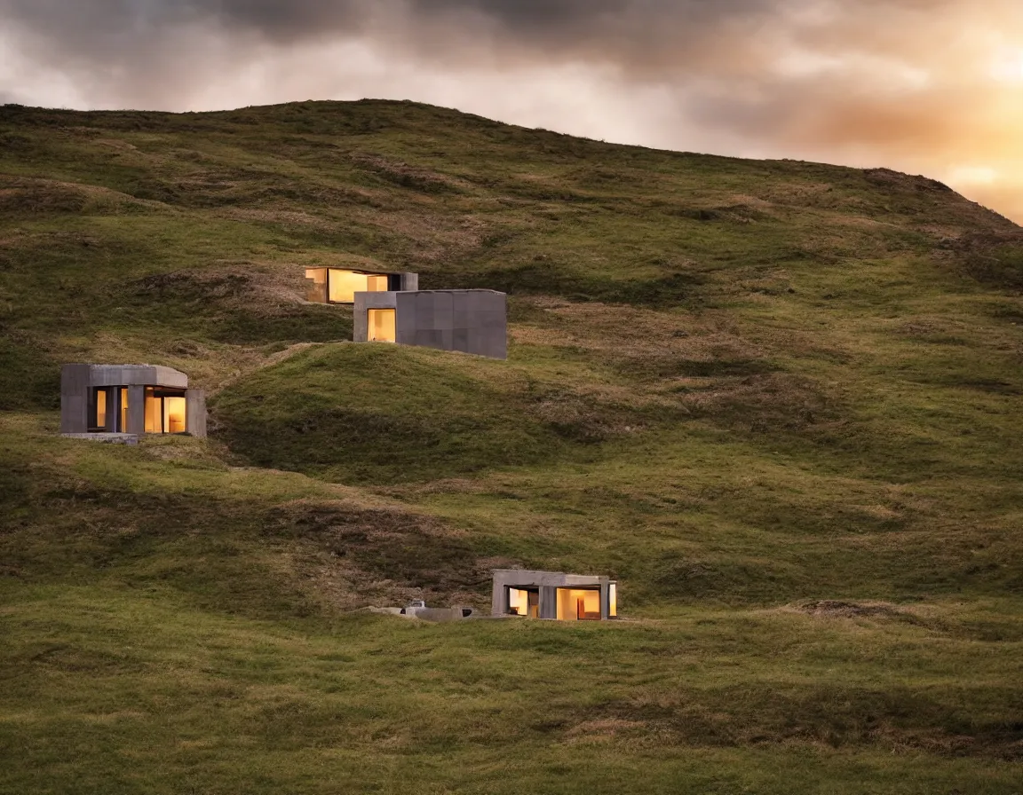 Image similar to small house on a hill, modern architecture, stone walls, house concept, sunset, morning, stary sky, rtx lighting, cloudy sky