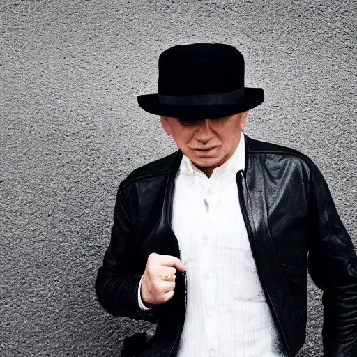 Prompt: a gentleman wearing a black leather hat, cinematic style