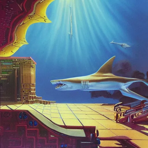 Prompt: side view a beautiful painting of a shark palace by Angus Mckie, Trending on artstation future space