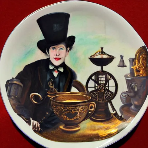 Image similar to a clockwork butler holding a plate of tea cups, steam punk, painting.