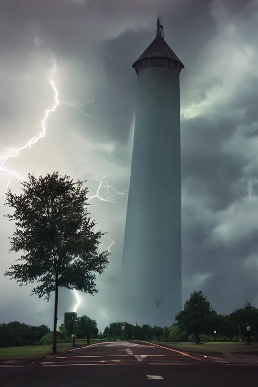 Prompt: strange and ominous clouds with lightning and a tower rising through the mist, vapor wave