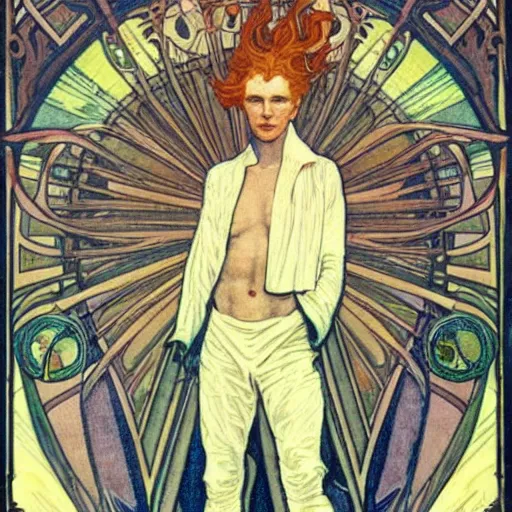 Image similar to thomas newton, the man who fell to earth, mucha style,