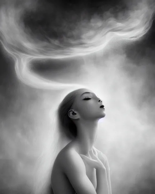 Image similar to monochrome, dreamy, subsurface scattering, white, young beautiful goddess in cosmos with very long white hair floating in air, fluid smoke art, black and white, octane render, dino valls, mark ryden, joe fenton, michal karcz, highly detailed, rim light, art, cinematic lighting, very coherent, hyper realism, 8 k
