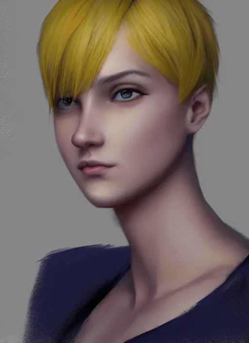 Prompt: portrait, young lady, yellow short hair, realistic, computer painting, volumetric lighting, detailed