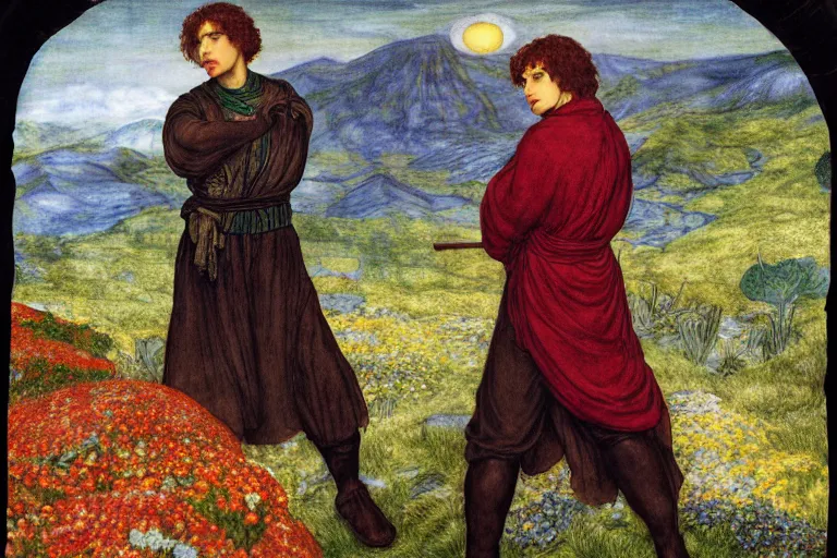 Prompt: a half - dragon warrior, standing in a volcano landscape, natural lighting, a small circle of flowers around him, very detailed, 8 k, by dante gabriel rossetti, artgerm