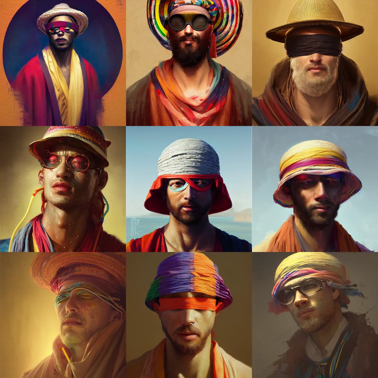 Image similar to portrait of a blindfolded man in multicolored robes, a large straw hat, detailed face, highly detailed, cinematic lighting, digital art painting by greg rutkowski