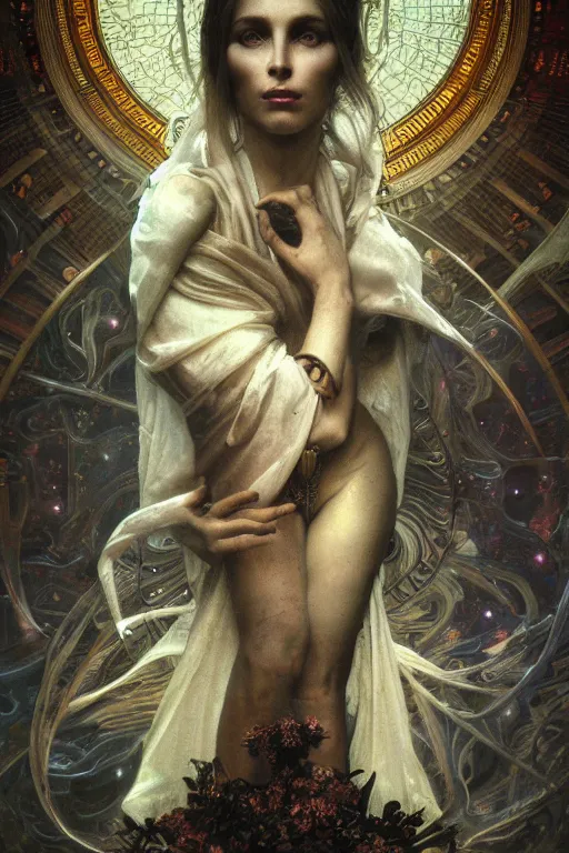 Prompt: ultrarealistic portrait of a cosmic deity, detailed digital matte painting, dark atmosphere, by h. r. giger and alphonse mucha, octane render, cgi