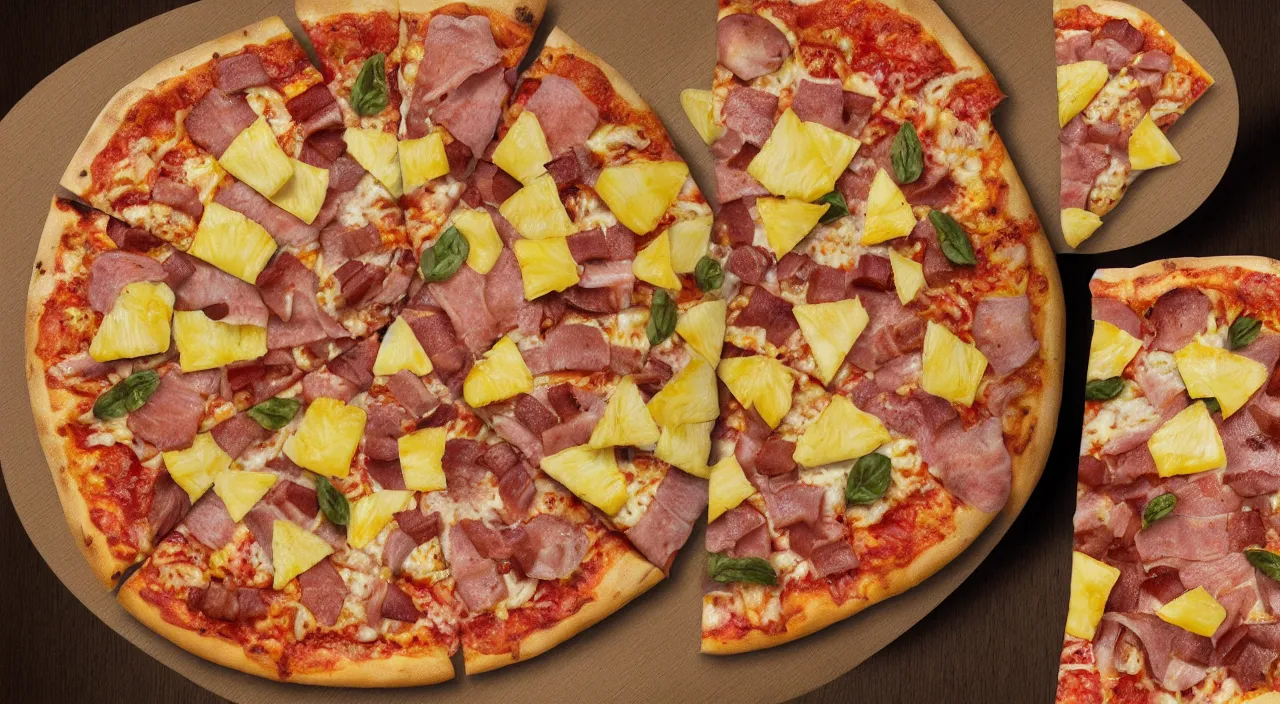 Image similar to one round tasty pizza with pineapple and ham, ultra realistic, artstation