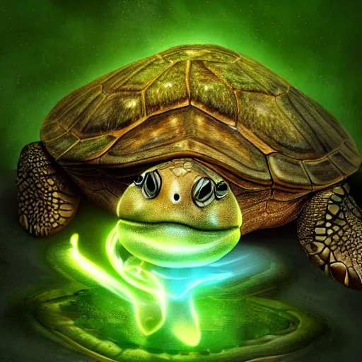 Image similar to insanely cute turtle male wizard strong face with glowing disney eyes, realistic high detailed scales octane render, portrait, face symmetry, centered, anime style, disney character style green enlightened background