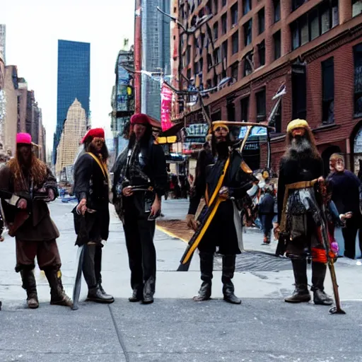 Image similar to real pirates standing with they swords ready in the middle of the road in new york city.