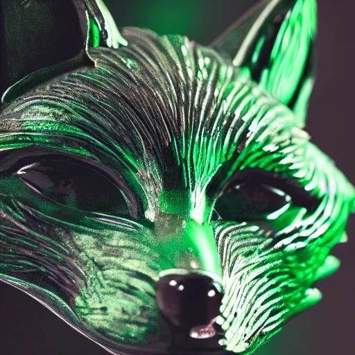 Image similar to Portrait photography of an Emerald fox sculpture with glowing orange eyes