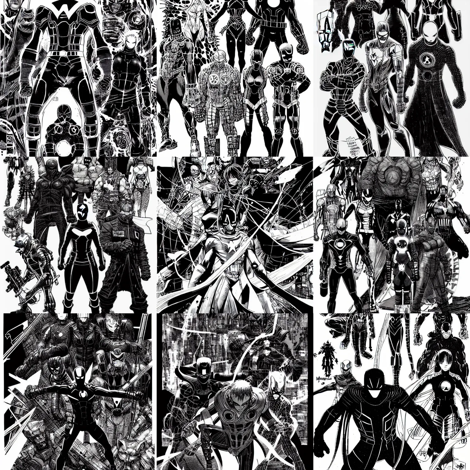 Prompt: marvel heroes by tsutomu nihei