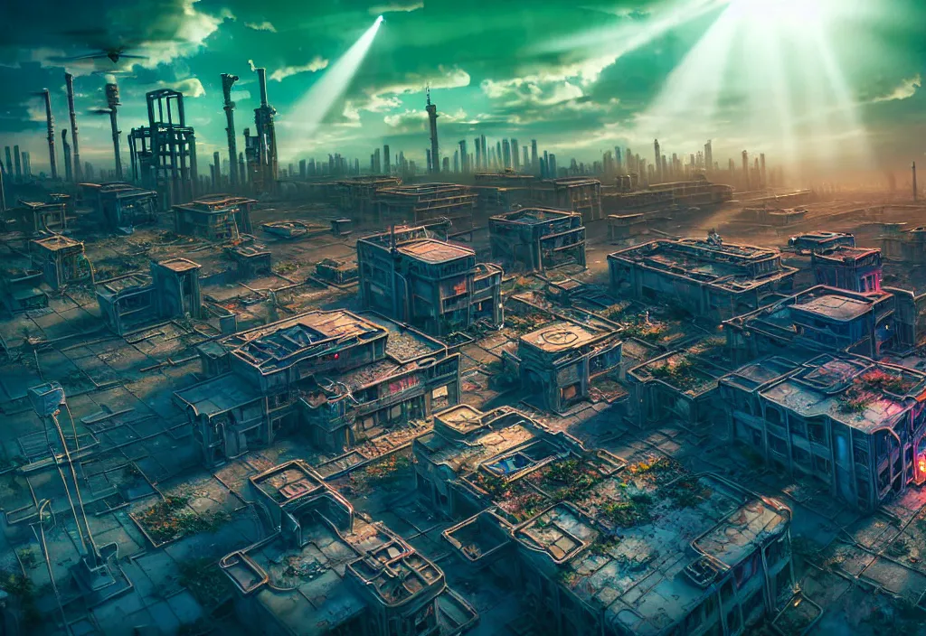 Prompt: A highly detailed crisp unreal engine render of aerial drone photo of A beautiful futuristic cyberpunk abandoned city building with neon fine lights, plants allover , godray, sunlight breaking through clouds, clouds, debris on the ground, abandoned machines bright colors, isometric, nitid horizon, factory by wangchen-cg, 王琛,Neil blevins, artstation, Gediminas Pranckevicius