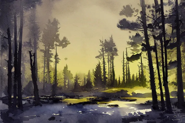 Image similar to small centered on watercolor paper, paint brush strokes, abstract watercolor painting of village in bog at nightfall, pine trees, sharp shadows, cinematic light, american romanticism by hans dahl, by jesper ejsing, by anders zorn, by greg rutkowski, by greg manchess, by tyler edlin