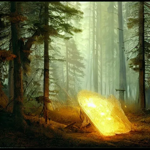 Prompt: mysterious glowing nuclear reactor, woods and wilderness, Ivan Shishkin and Greg Rutkowski