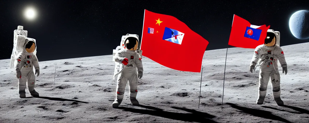 Prompt: an astronaut in red on white on yellow costume holding vietnam flag, standing on the moon, cinematic composition, a realistic photograph, cosmic background, octane render